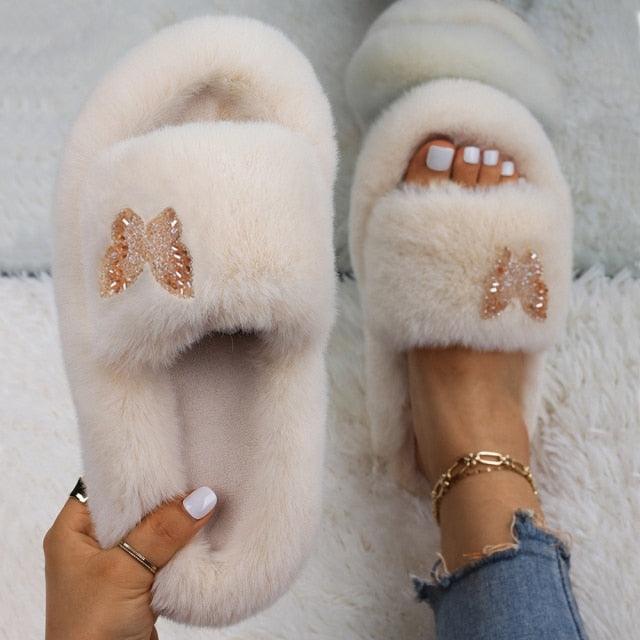 Fluffy Rhinestone Butterfly Faux Fur Slippers for Women