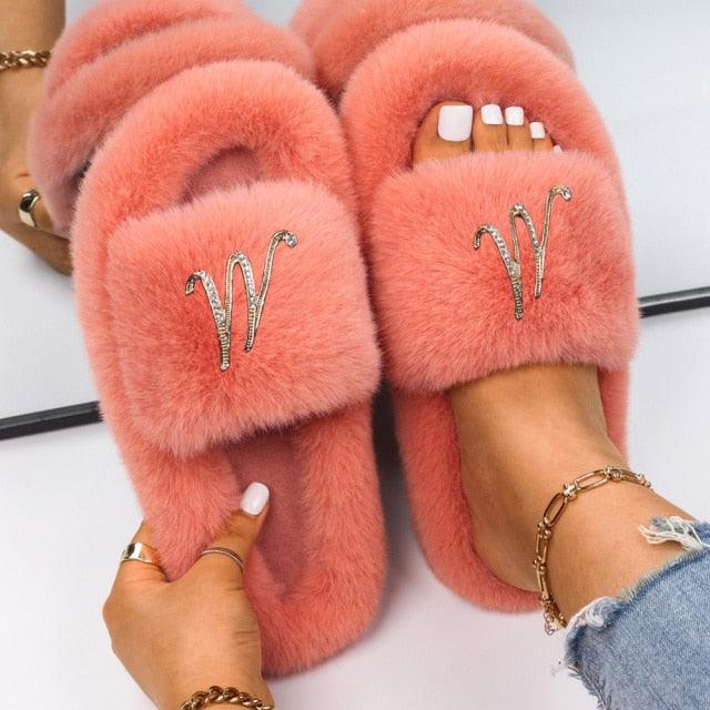 Fluffy Rhinestone Butterfly Faux Fur Slippers for Women