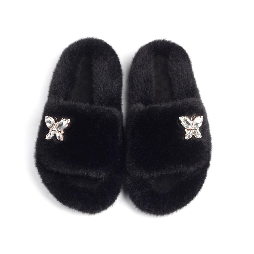 Fluffy Rhinestone Butterfly Faux Fur Slippers for Women