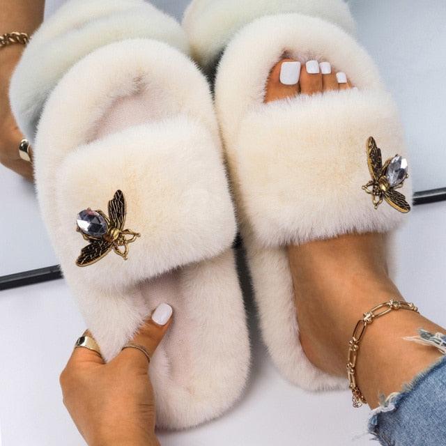 Fluffy Rhinestone Butterfly Faux Fur Slippers for Women