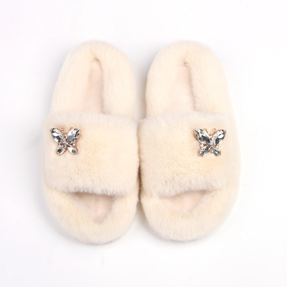 Fluffy Rhinestone Butterfly Faux Fur Slippers for Women