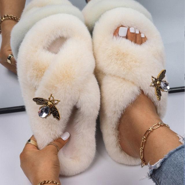 Fluffy Rhinestone Butterfly Faux Fur Slippers for Women