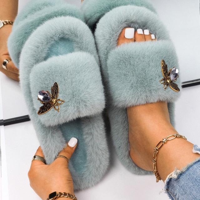 Fluffy Rhinestone Butterfly Faux Fur Slippers for Women