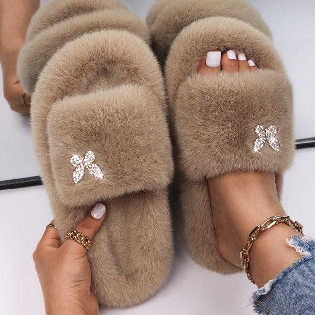 Fluffy Rhinestone Butterfly Faux Fur Slippers for Women