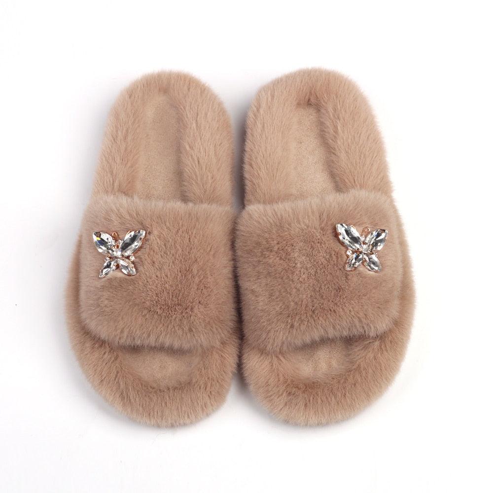 Fluffy Rhinestone Butterfly Faux Fur Slippers for Women
