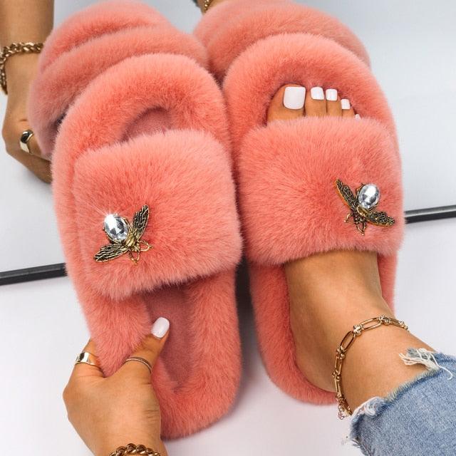 Fluffy Rhinestone Butterfly Faux Fur Slippers for Women