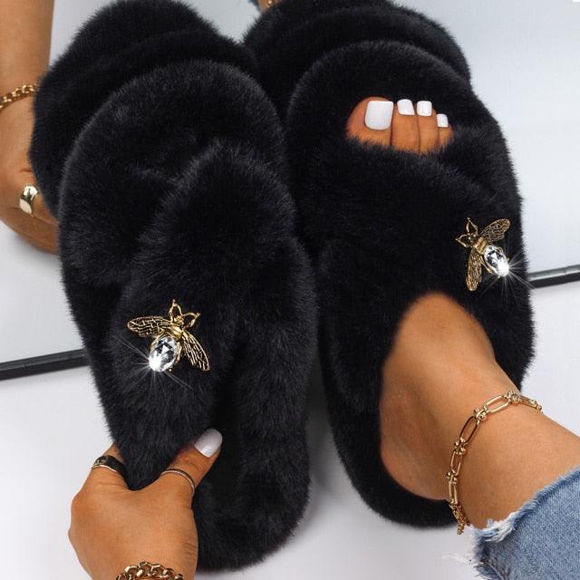 Fluffy Rhinestone Butterfly Faux Fur Slippers for Women
