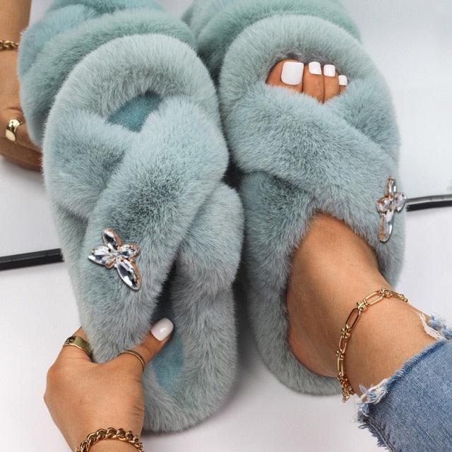 Fluffy Rhinestone Butterfly Faux Fur Slippers for Women
