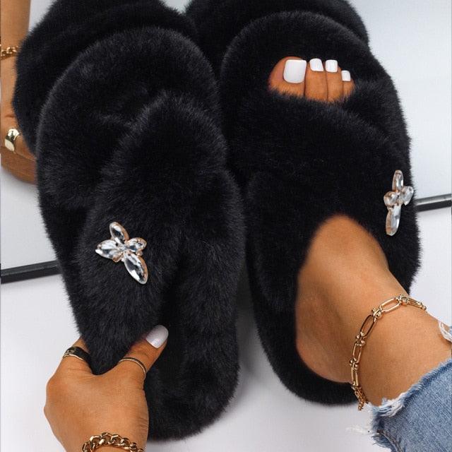 Fluffy Rhinestone Butterfly Faux Fur Slippers for Women