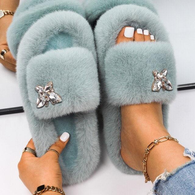 Fluffy Rhinestone Butterfly Faux Fur Slippers for Women