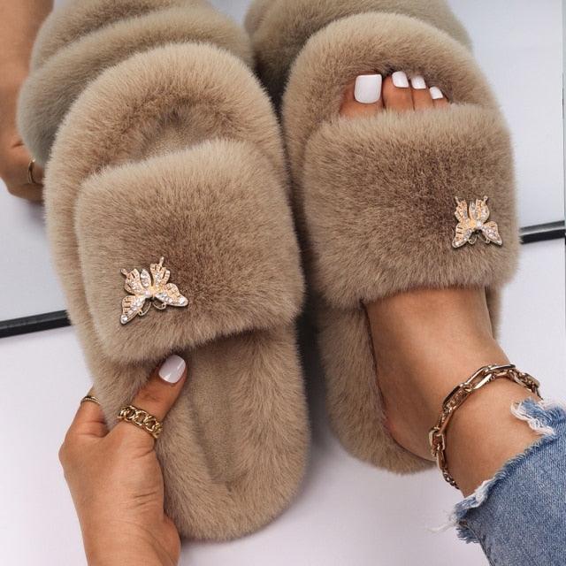 Fluffy Rhinestone Butterfly Faux Fur Slippers for Women