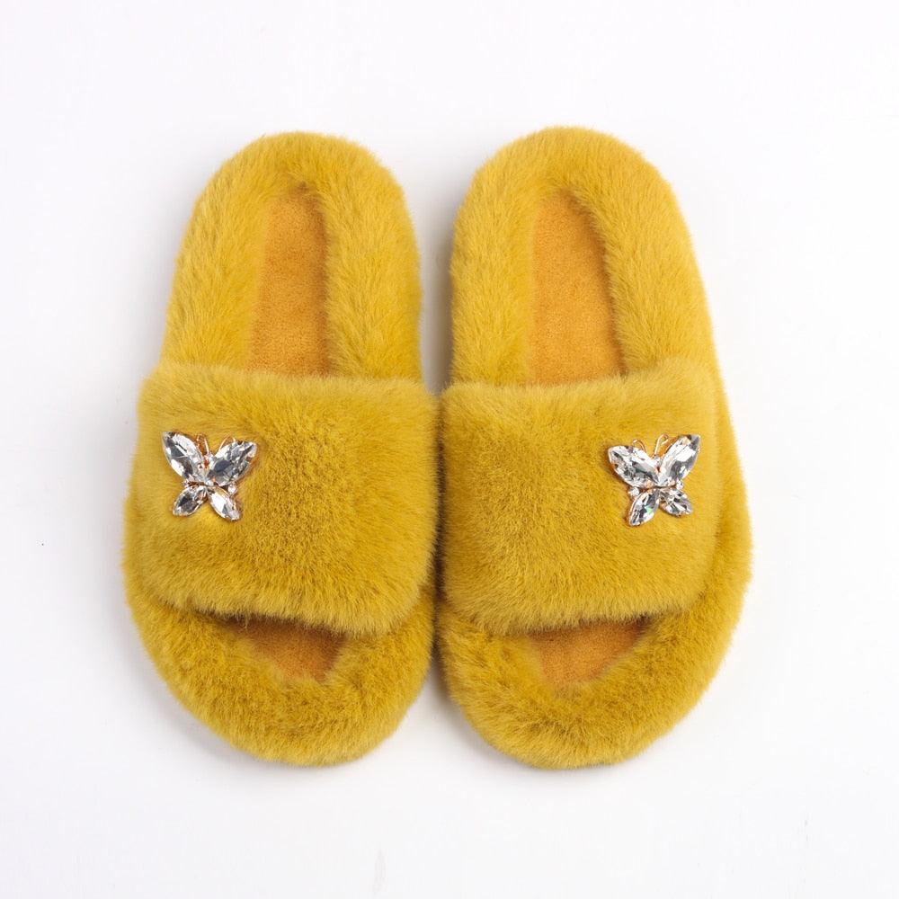 Fluffy Rhinestone Butterfly Faux Fur Slippers for Women