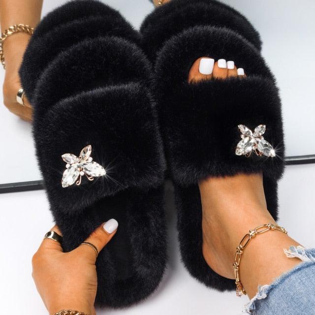 Fluffy Rhinestone Butterfly Faux Fur Slippers for Women