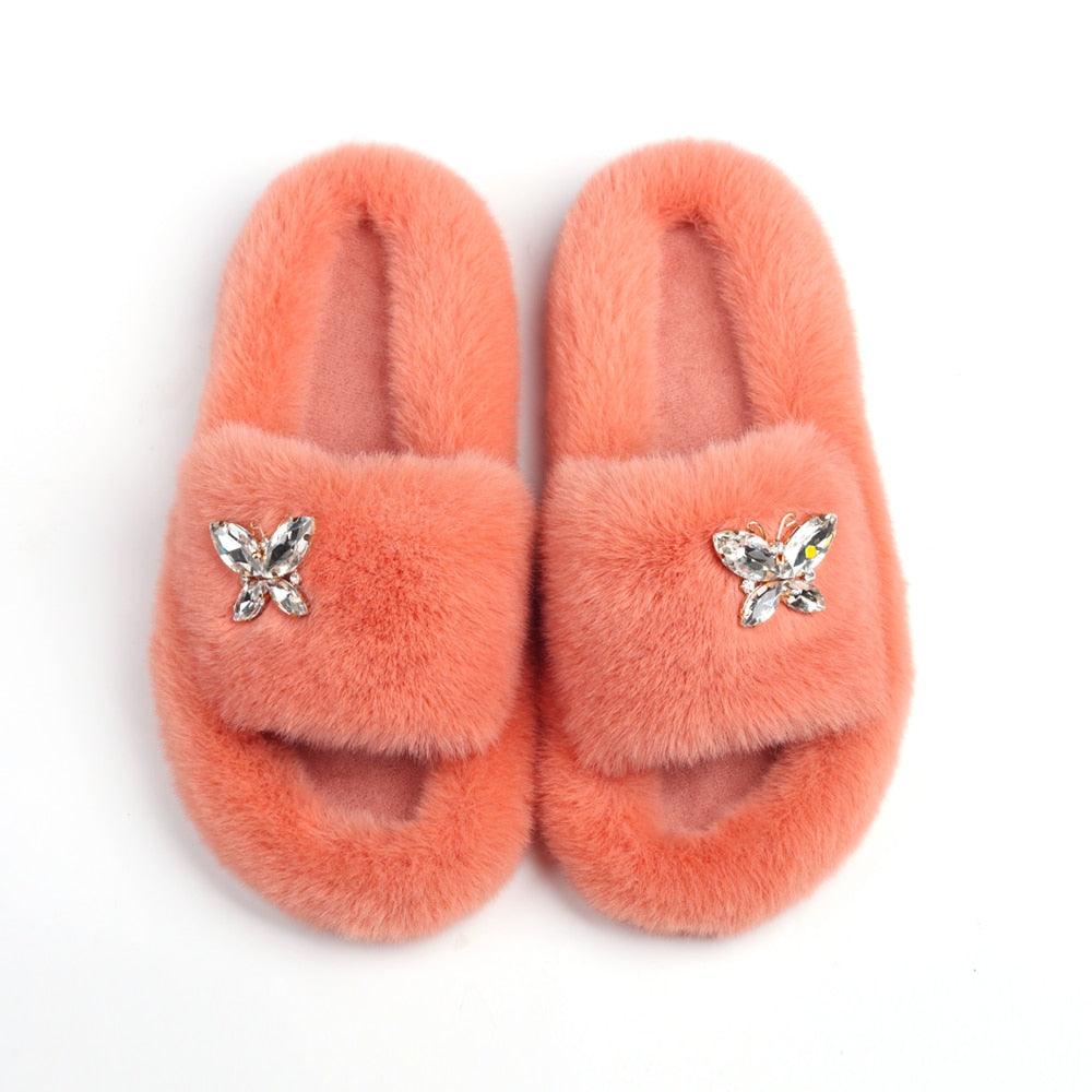 Fluffy Rhinestone Butterfly Faux Fur Slippers for Women