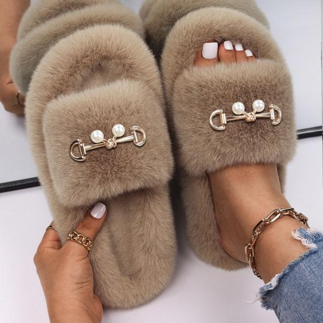 Fluffy Rhinestone Butterfly Faux Fur Slippers for Women