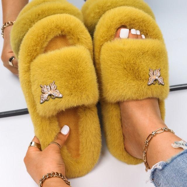 Fluffy Rhinestone Butterfly Faux Fur Slippers for Women