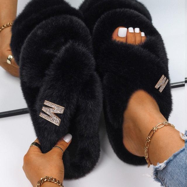 Fluffy Rhinestone Butterfly Faux Fur Slippers for Women