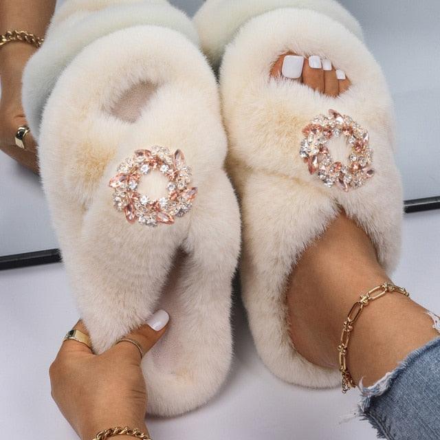 Fluffy Rhinestone Butterfly Faux Fur Slippers for Women