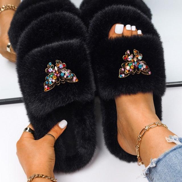 Fluffy Rhinestone Butterfly Faux Fur Slippers for Women