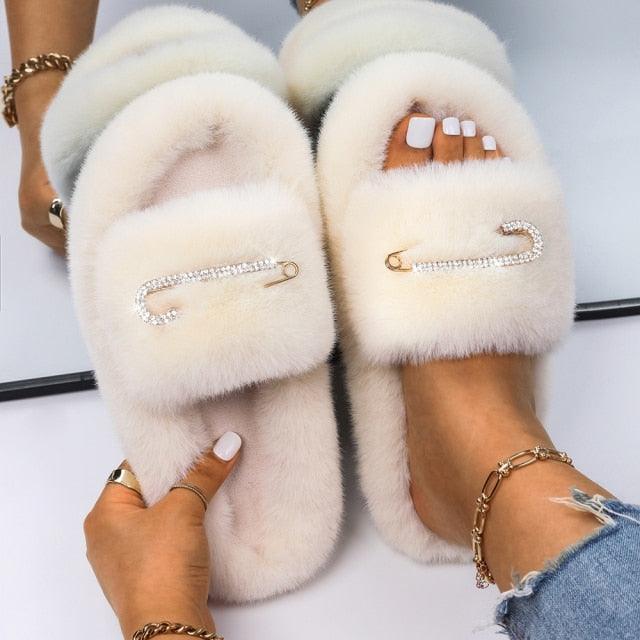 Fluffy Rhinestone Butterfly Faux Fur Slippers for Women