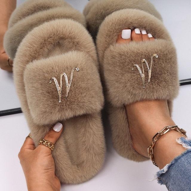 Fluffy Rhinestone Butterfly Faux Fur Slippers for Women