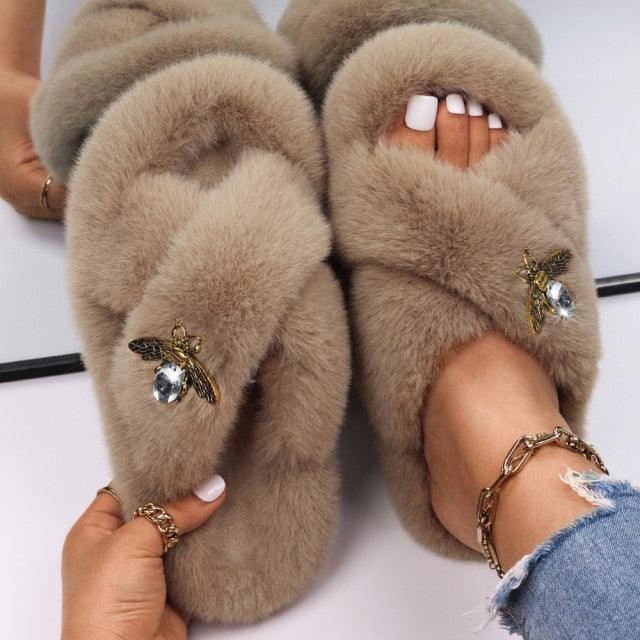 Fluffy Rhinestone Butterfly Faux Fur Slippers for Women