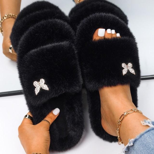 Fluffy Rhinestone Butterfly Faux Fur Slippers for Women