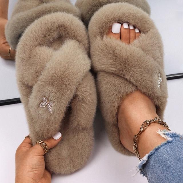 Fluffy Rhinestone Butterfly Faux Fur Slippers for Women