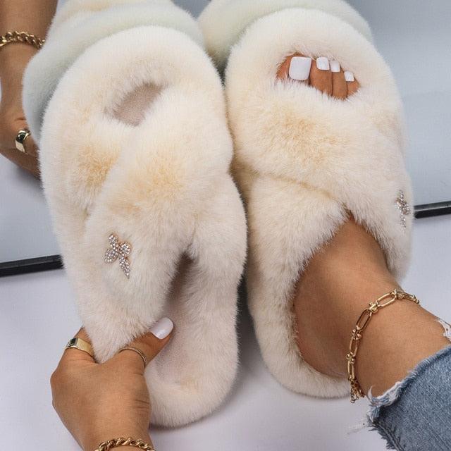 Fluffy Rhinestone Butterfly Faux Fur Slippers for Women