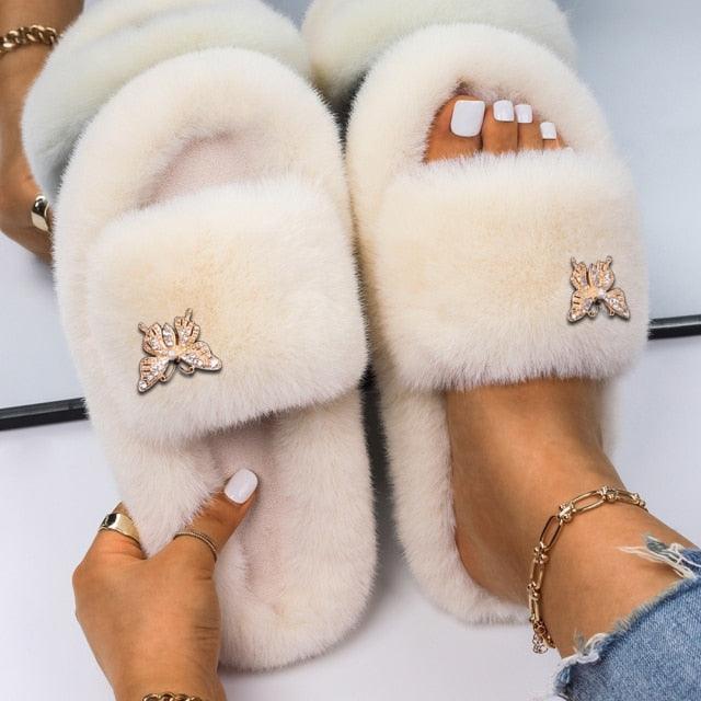 Fluffy Rhinestone Butterfly Faux Fur Slippers for Women