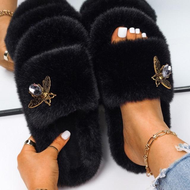 Fluffy Rhinestone Butterfly Faux Fur Slippers for Women