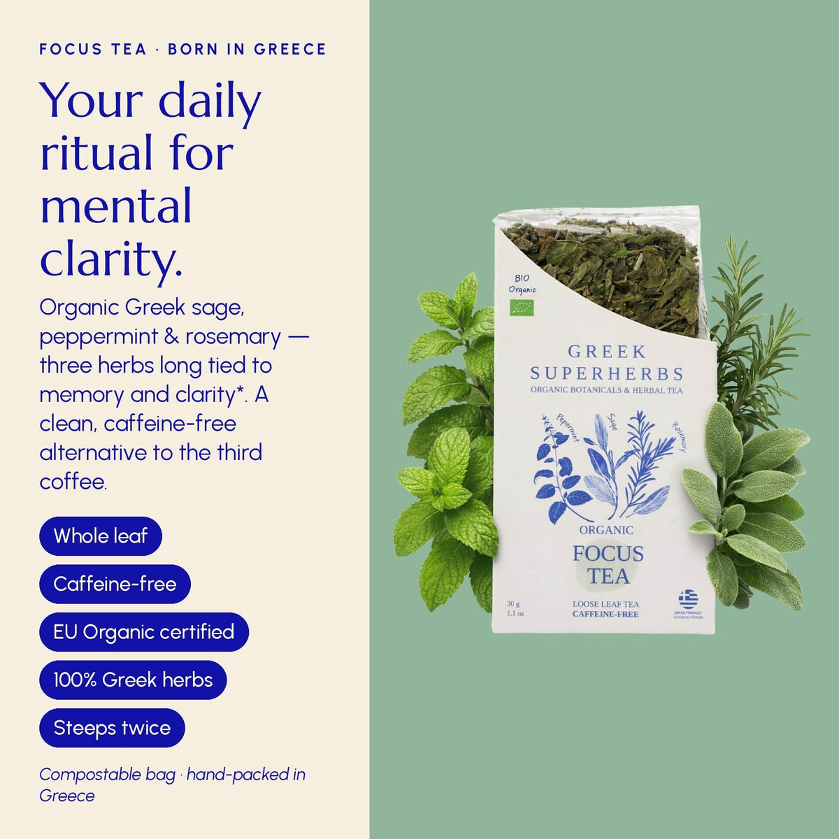 Té Focus: mezcla de hierbas griegas de salvia, menta y romero