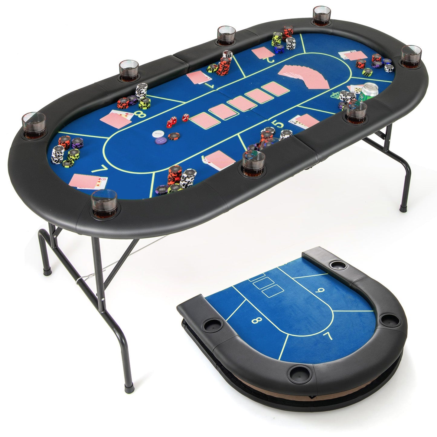Mesa de Póker Plegable Premium con 8 Portavasos - Azul