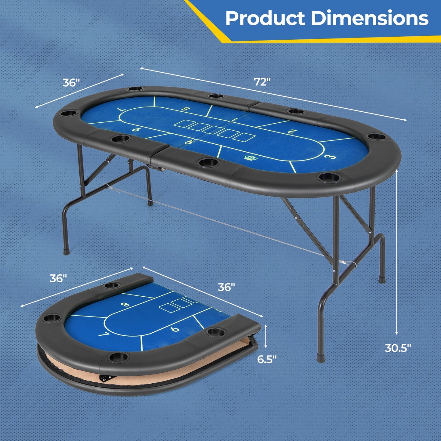 Mesa de Póker Plegable Premium con 8 Portavasos - Azul