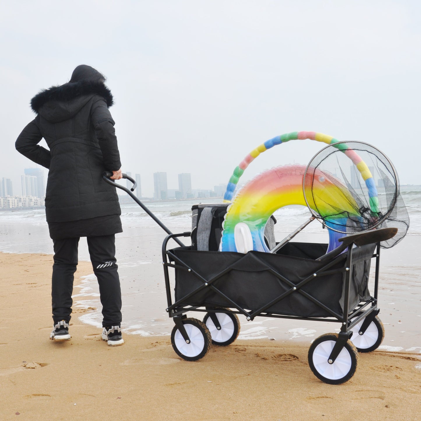 Folding Wagon Garden Shopping Beach Cart (Black) - Korvel