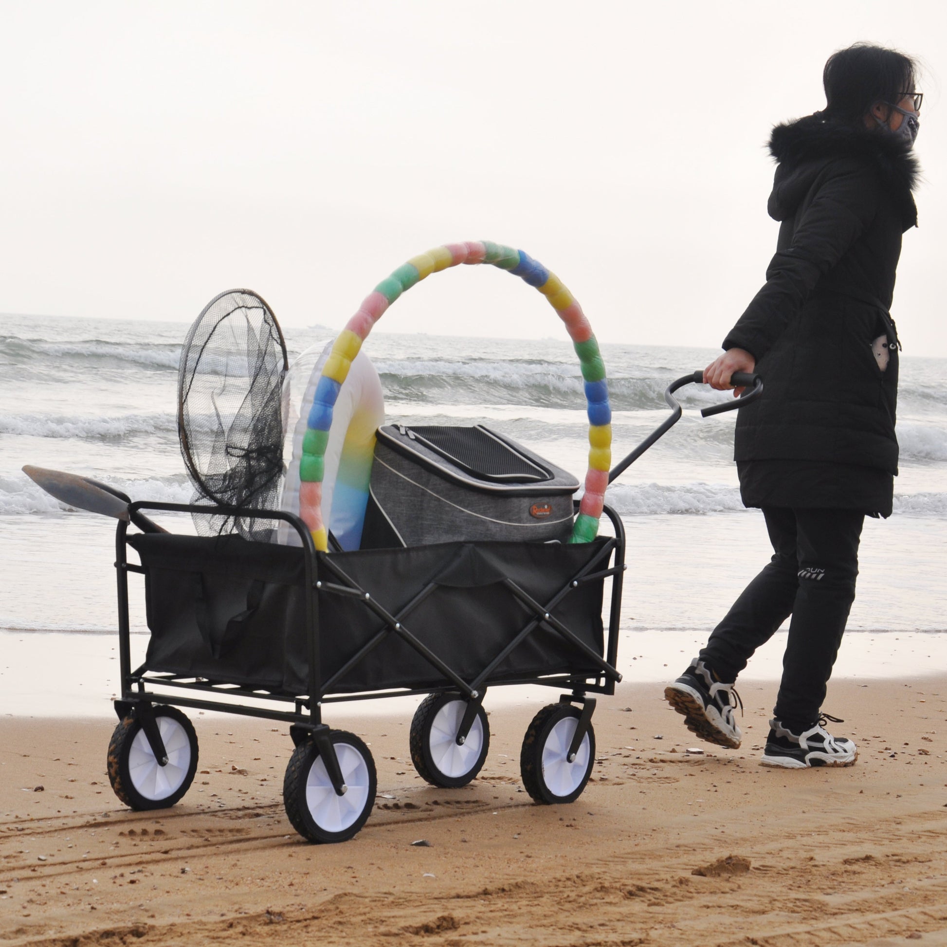 Folding Wagon Garden Shopping Beach Cart (Black) - Korvel