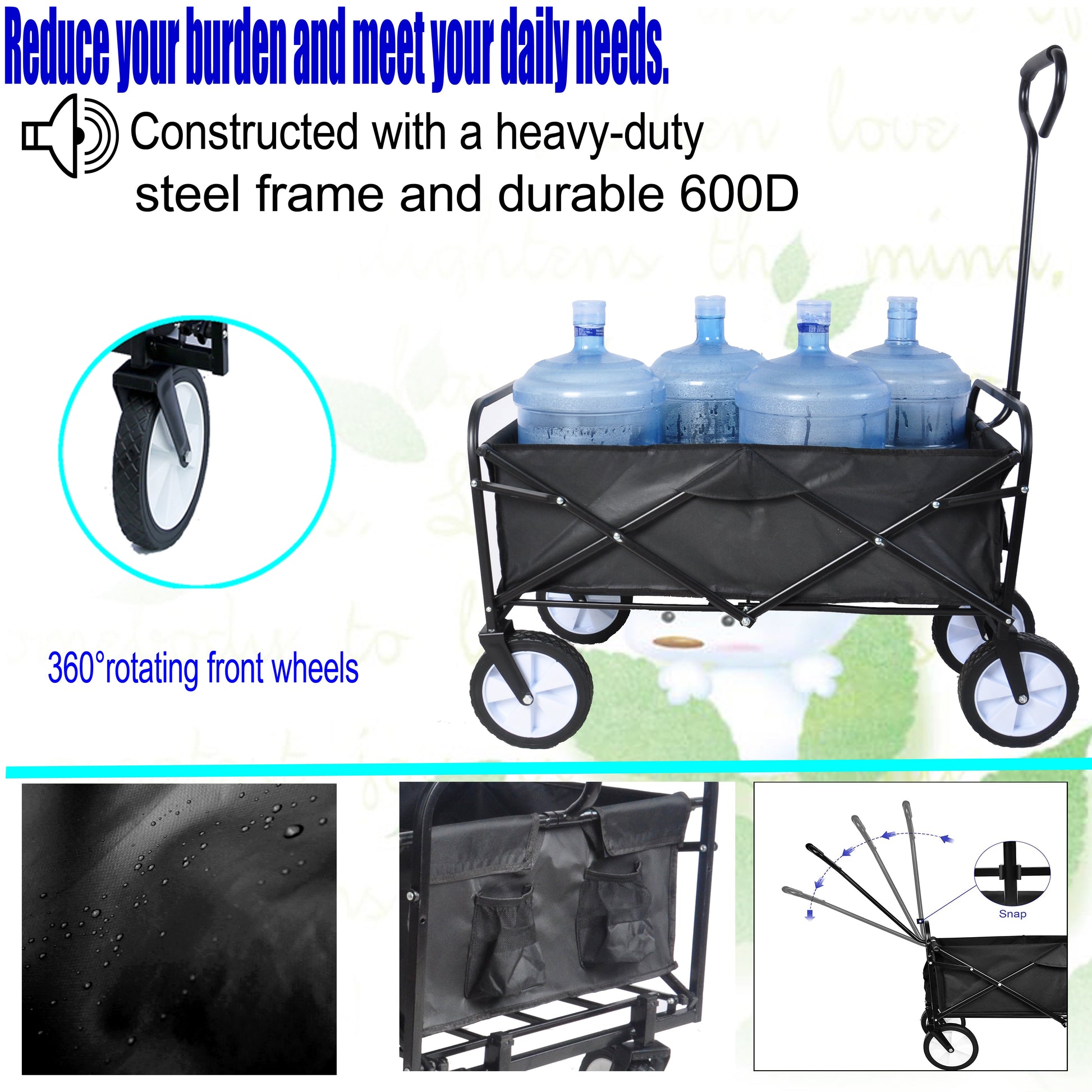 Folding Wagon Garden Shopping Beach Cart (Black) - Korvel