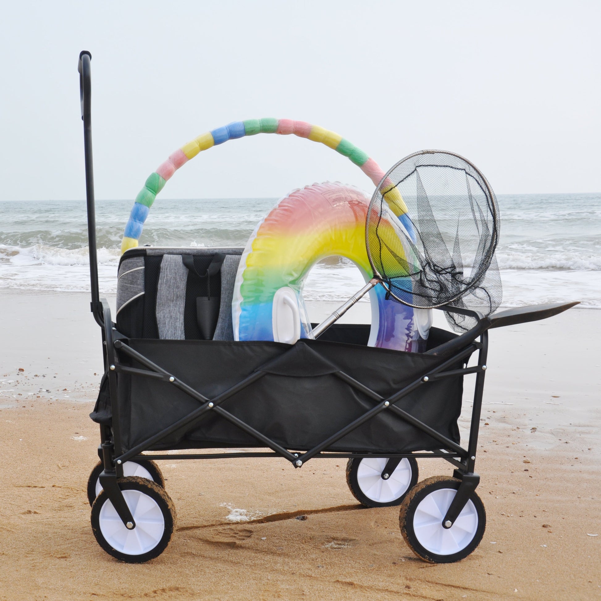 Folding Wagon Garden Shopping Beach Cart (Black) - Korvel