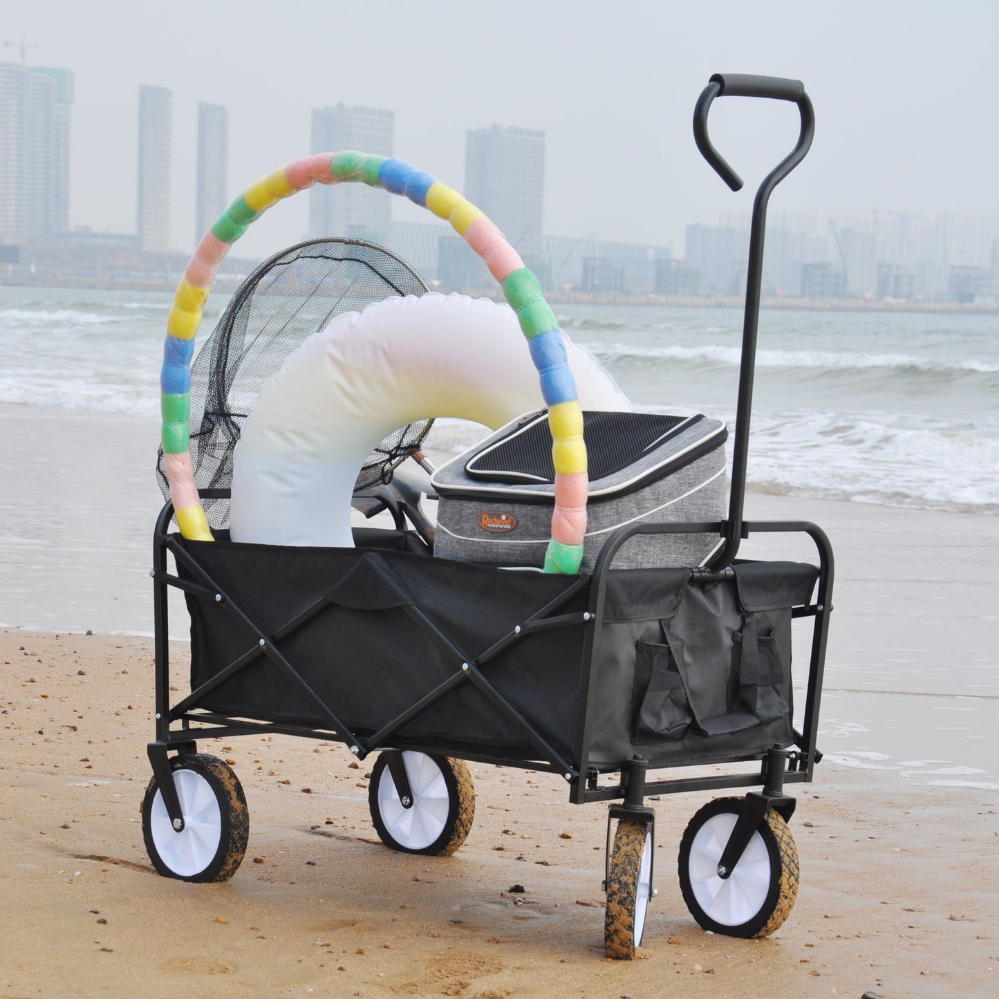 Folding Wagon Garden Shopping Beach Cart (Black) - Korvel