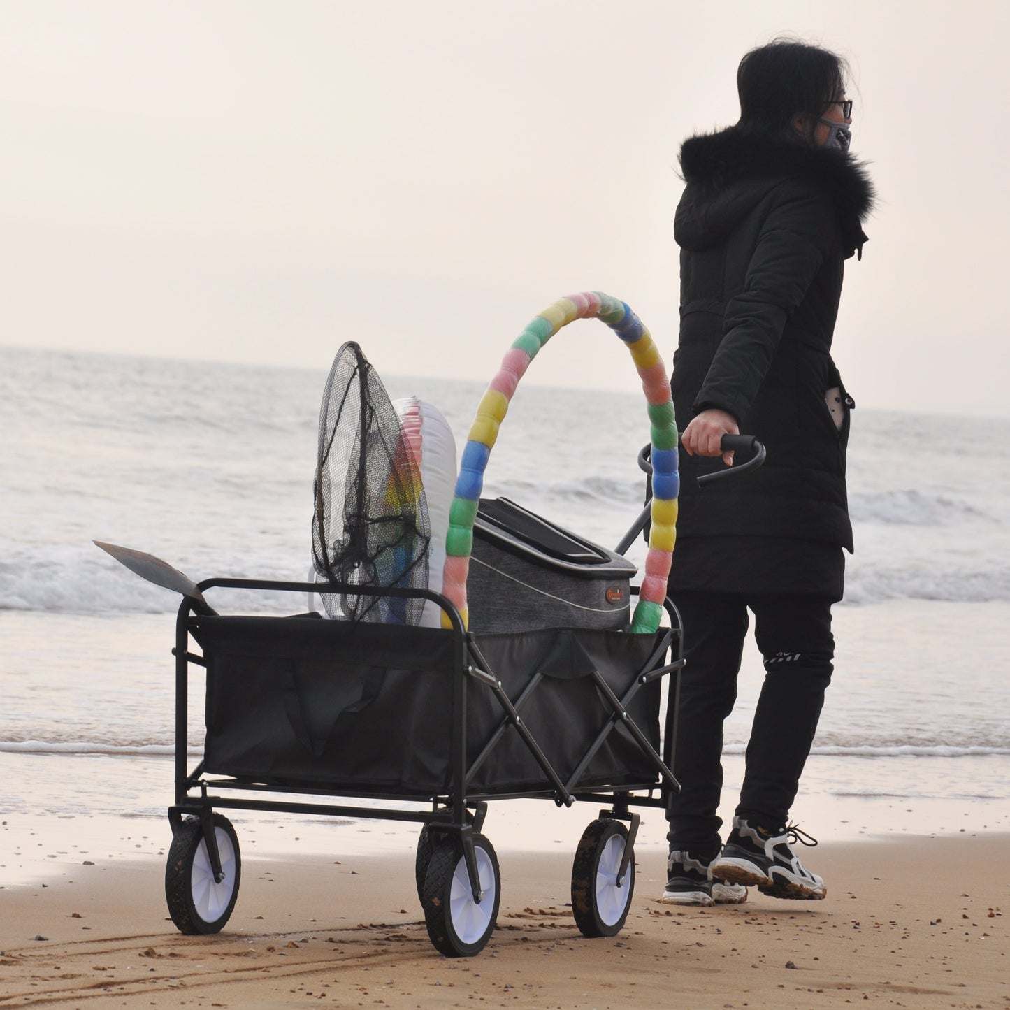 Folding Wagon Garden Shopping Beach Cart (Black) - Korvel