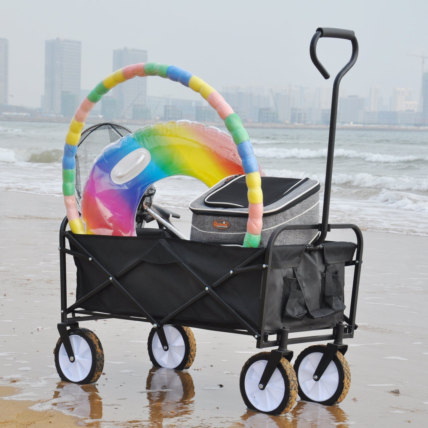 Folding Wagon Garden Shopping Beach Cart (Black) - Korvel