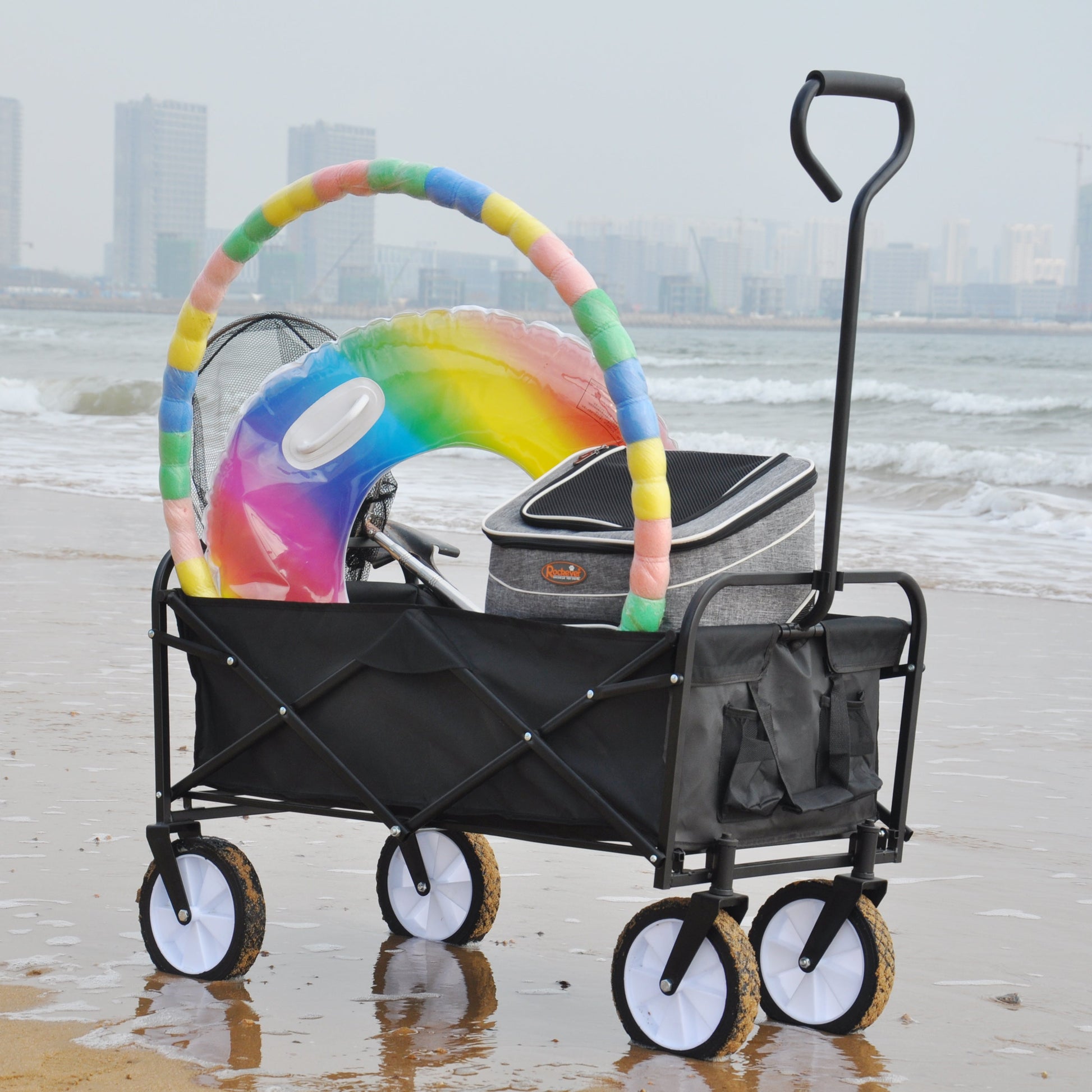 Folding Wagon Garden Shopping Beach Cart (Black) - Korvel