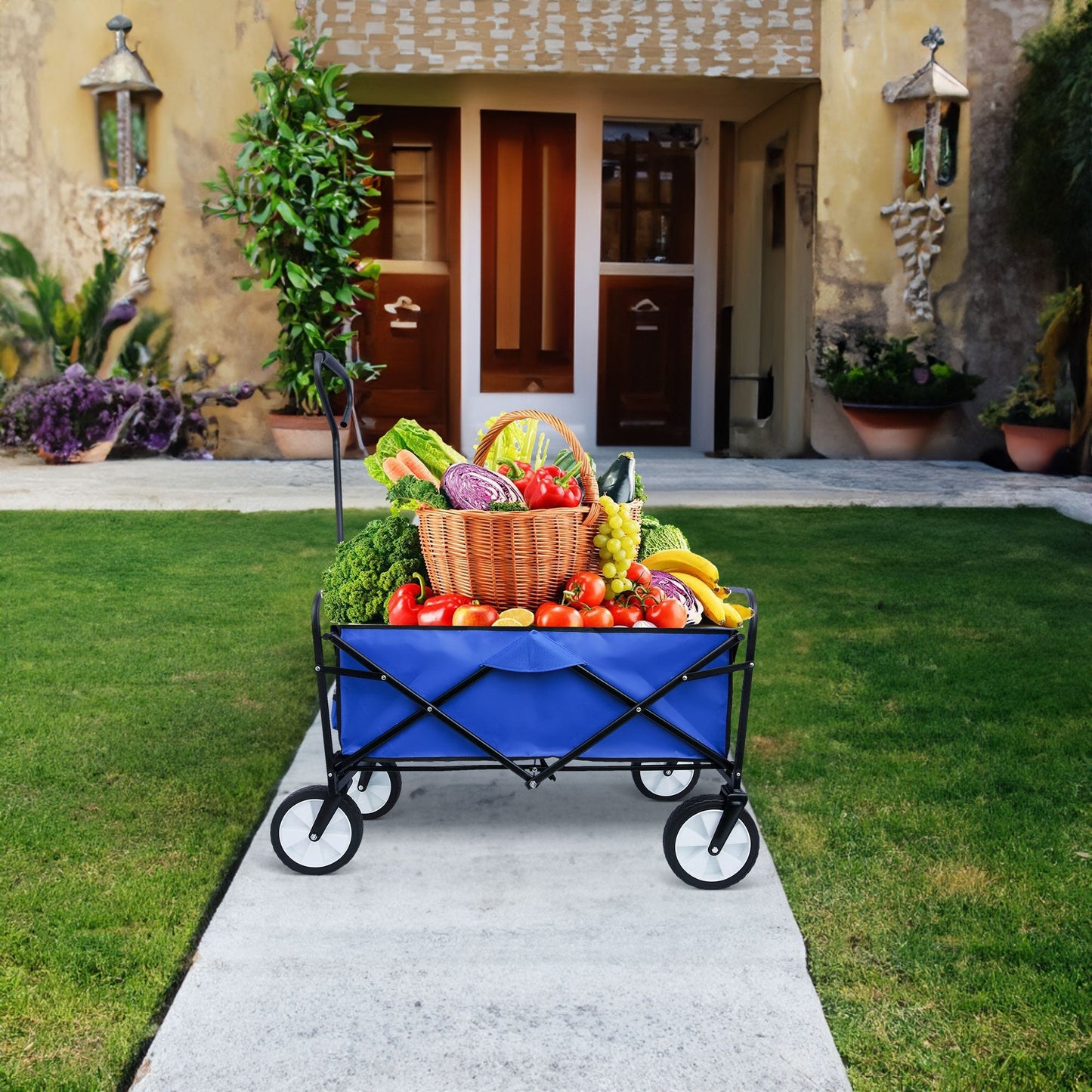 Premium Folding Wagon Garden Shopping Beach Cart - Blue