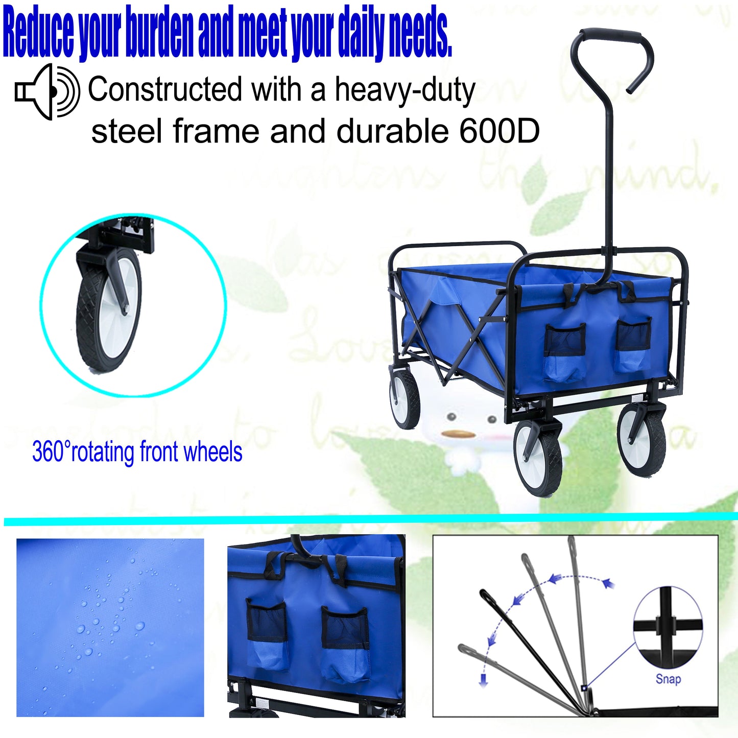Premium Folding Wagon Garden Shopping Beach Cart - Blue