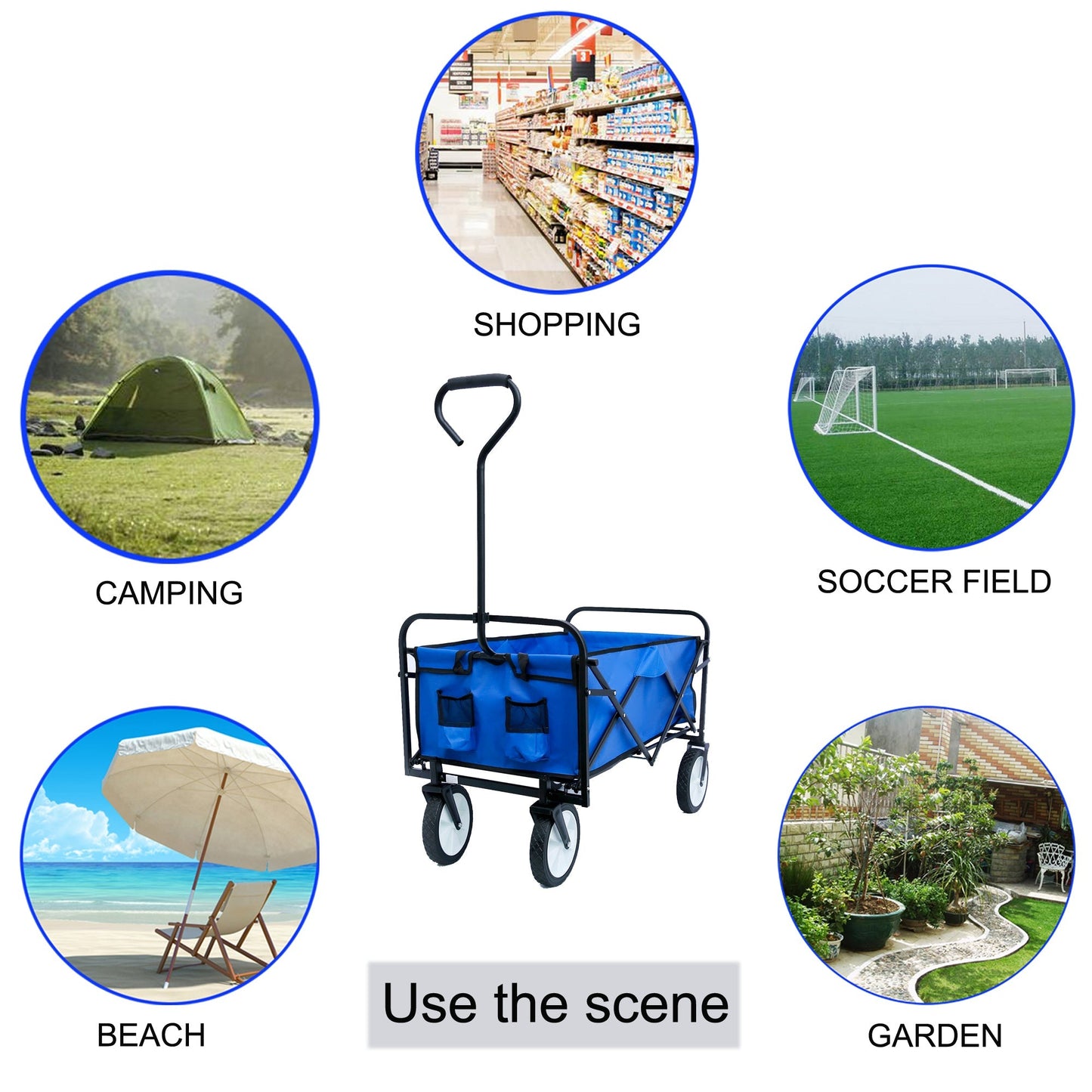 Premium Folding Wagon Garden Shopping Beach Cart - Blue