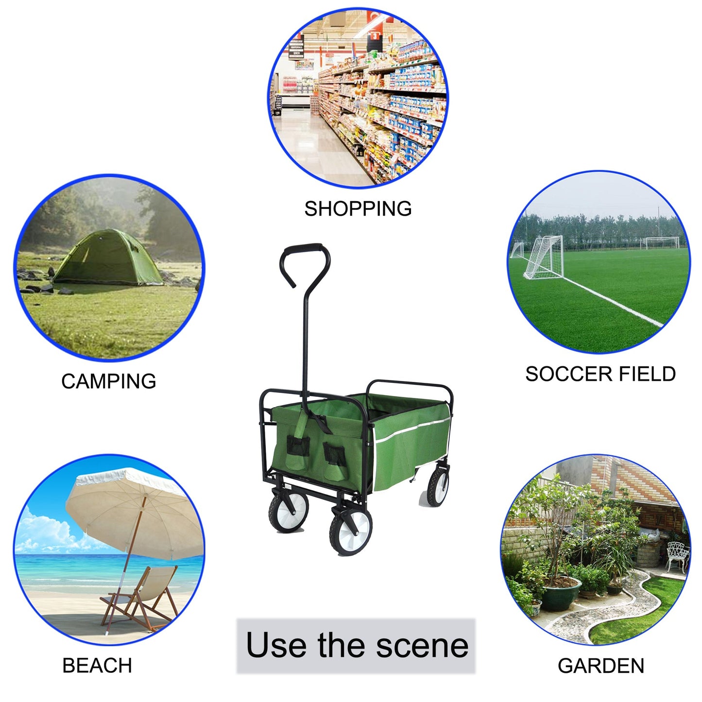 Folding Wagon Garden Shopping Beach Cart (Green) - Korvel