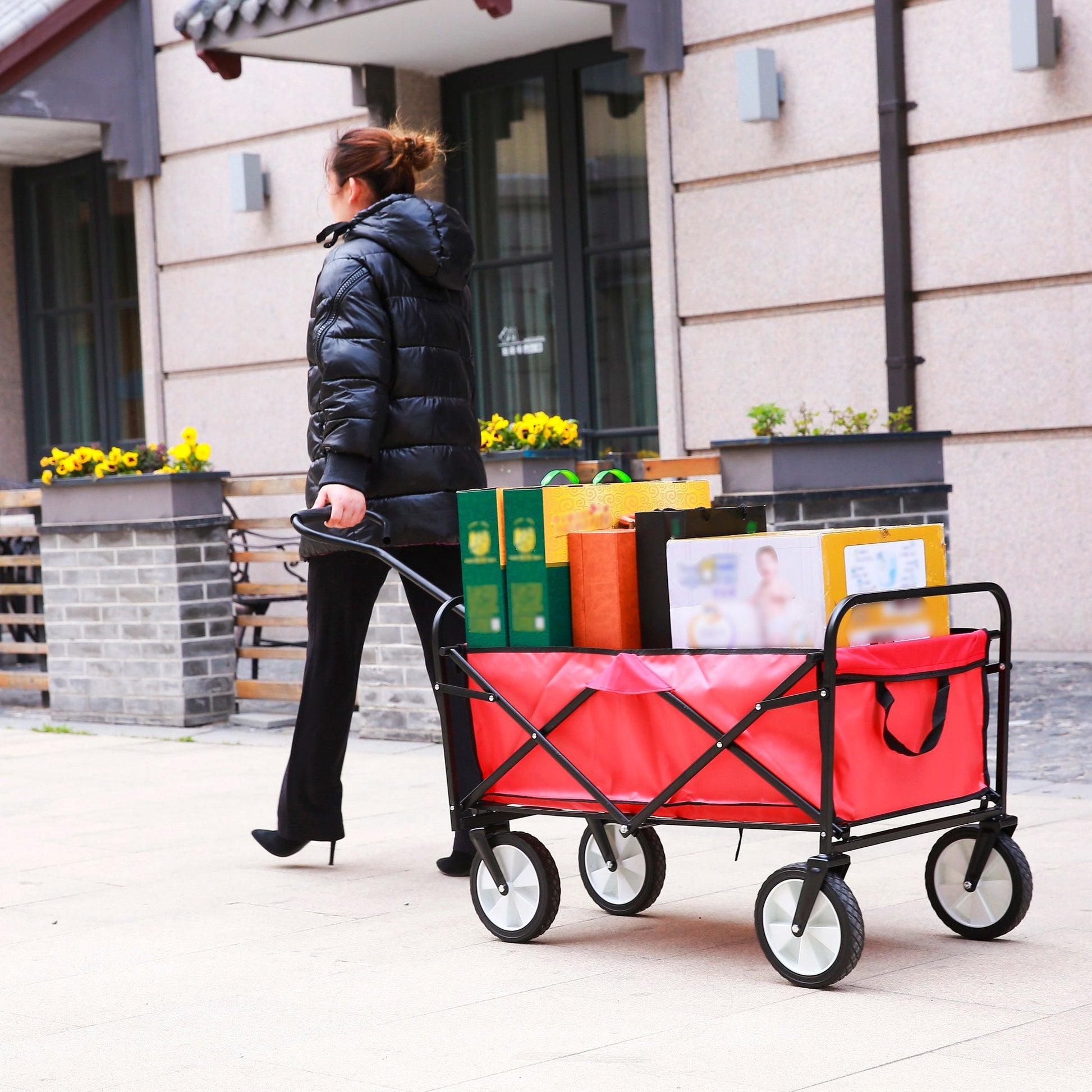 Folding Wagon Garden Shopping Beach Cart (Red) - Korvel