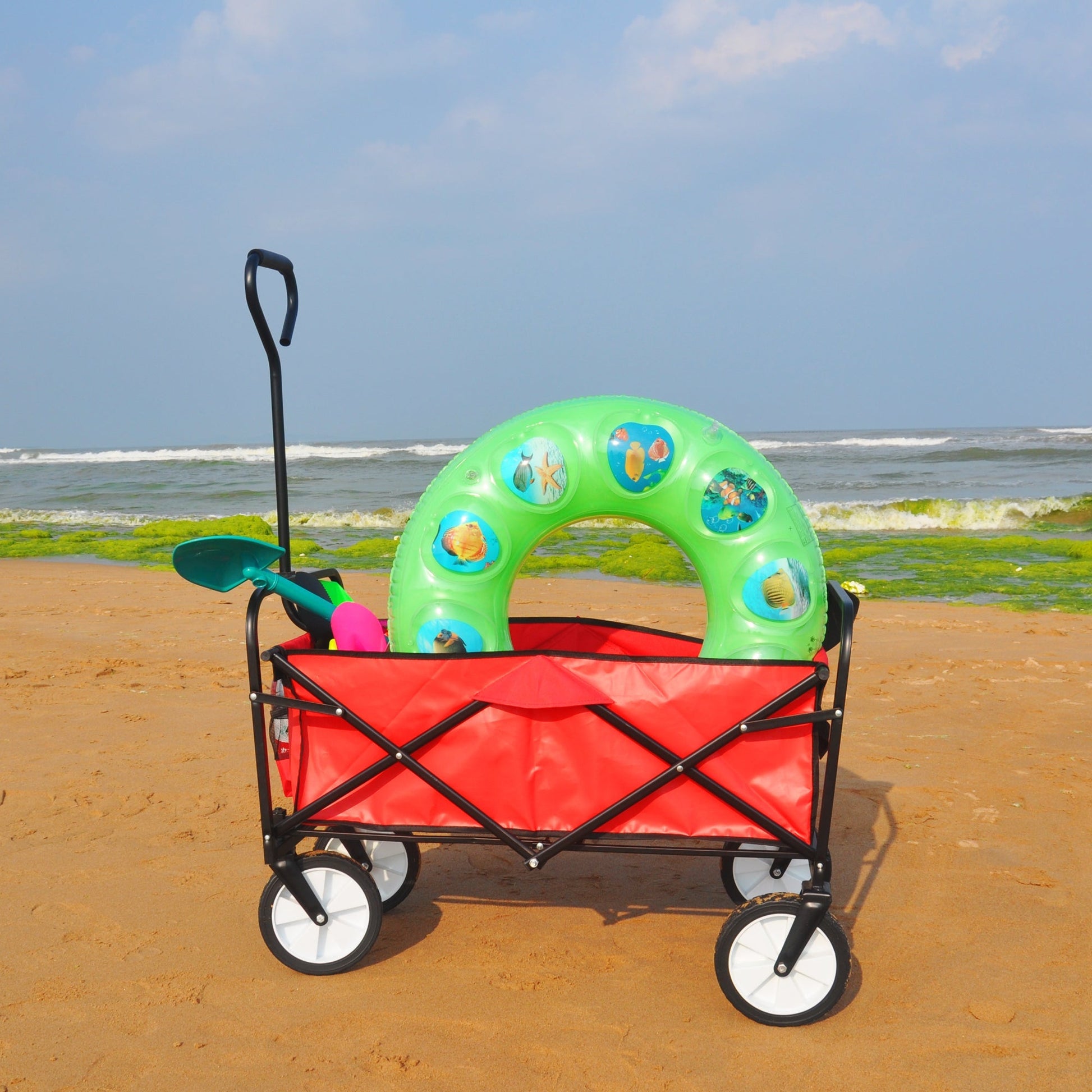 Folding Wagon Garden Shopping Beach Cart (Red) - Korvel