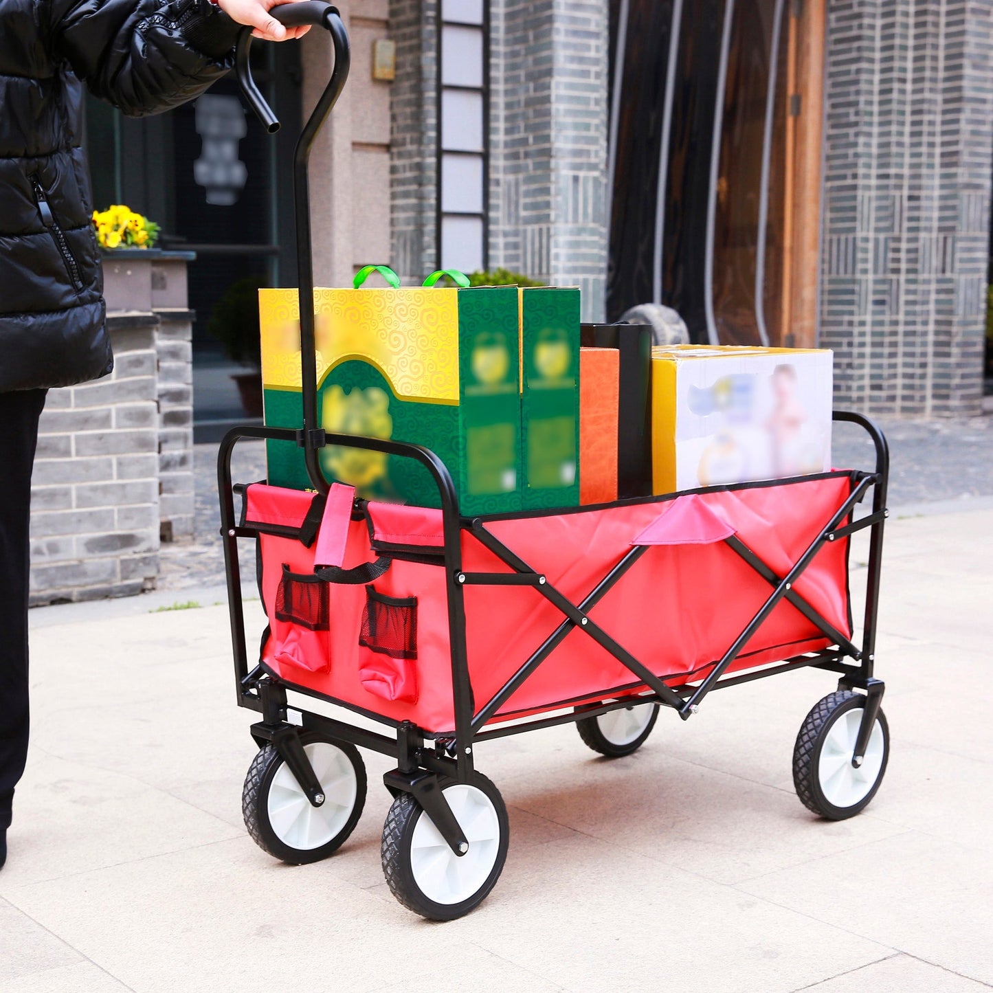 Folding Wagon Garden Shopping Beach Cart (Red) - Korvel
