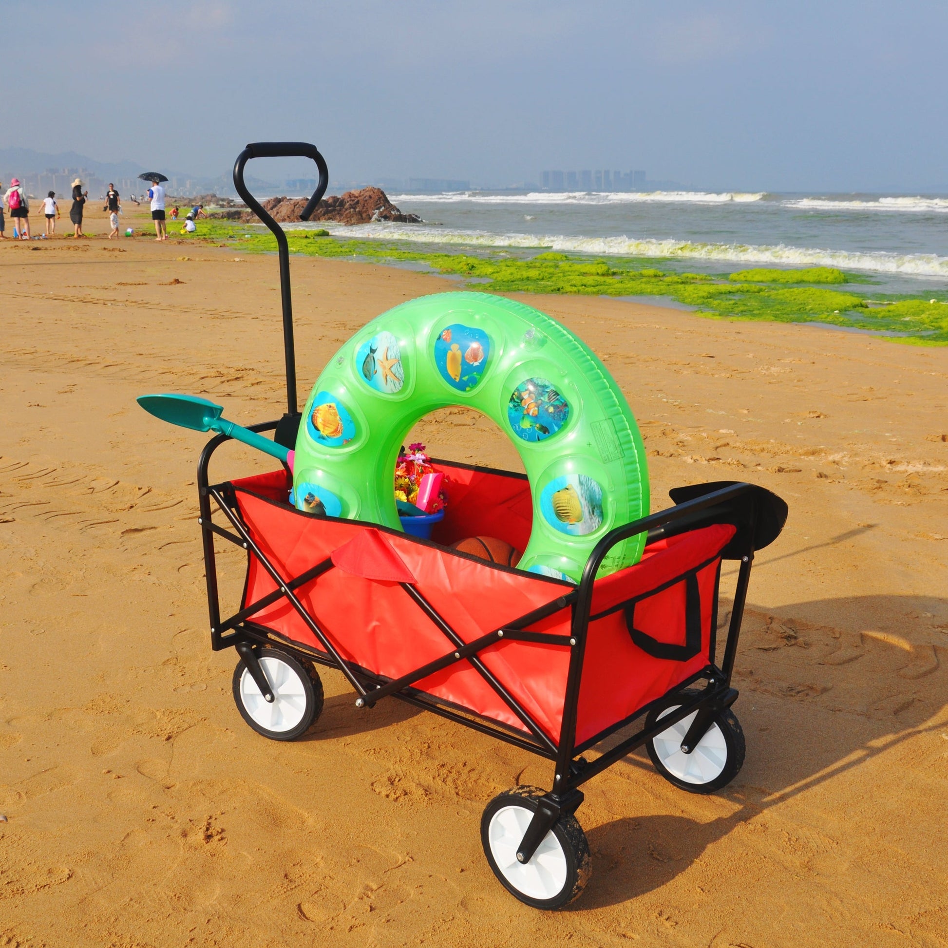 Folding Wagon Garden Shopping Beach Cart (Red) - Korvel